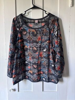 BONGO whimsical sheer Long-Sleeve Scoop Neck Top with Floral & Animal Print